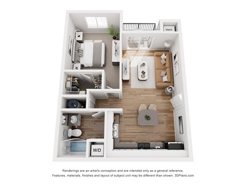 Floor plan for 1 bed, 1 bath, 750 sqft